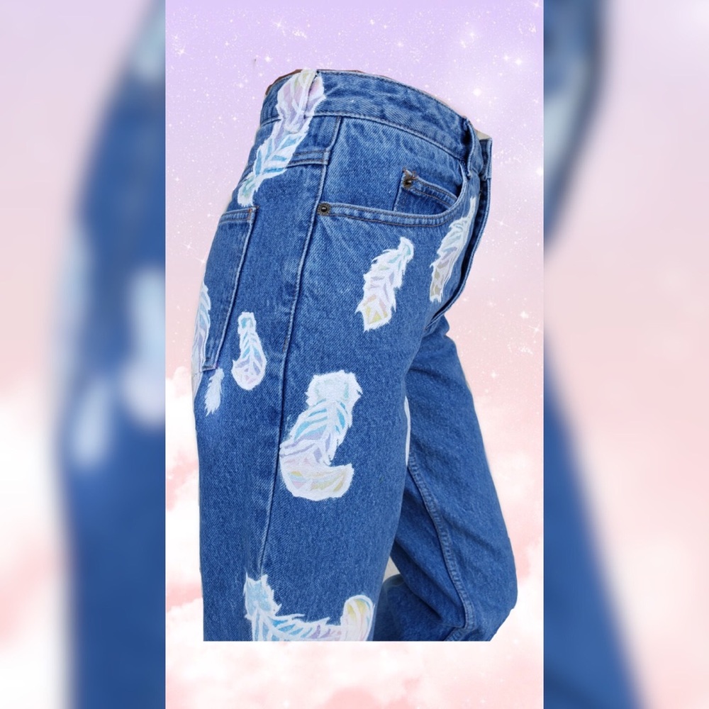 High Waist Hand Painted Jeans Grunge 90s Style - Picture 6 of 8
